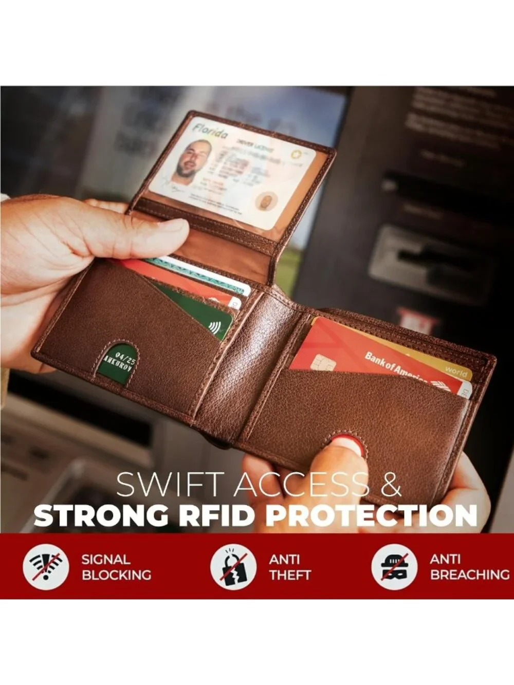 RFID Bifold Leather Wallet for Men, Flip-Up ID, Durable Billfold, Extra